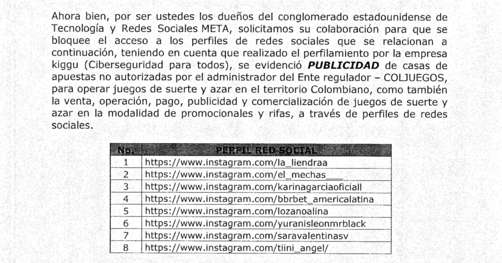 Coljuegos pide a Meta bloquear cuentas de 289 influencers en Colombia 2 carta supesalud meta