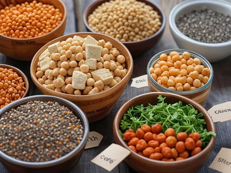 Collage de alimentos ricos en proteínas vegetales como lentejas y tofu