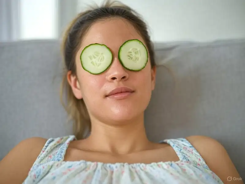 Remedios naturales para las ojeras: Soluciones efectivas respaldadas por la ciencia 2 Mujer usando pepino como remedio natural para las ojeras.