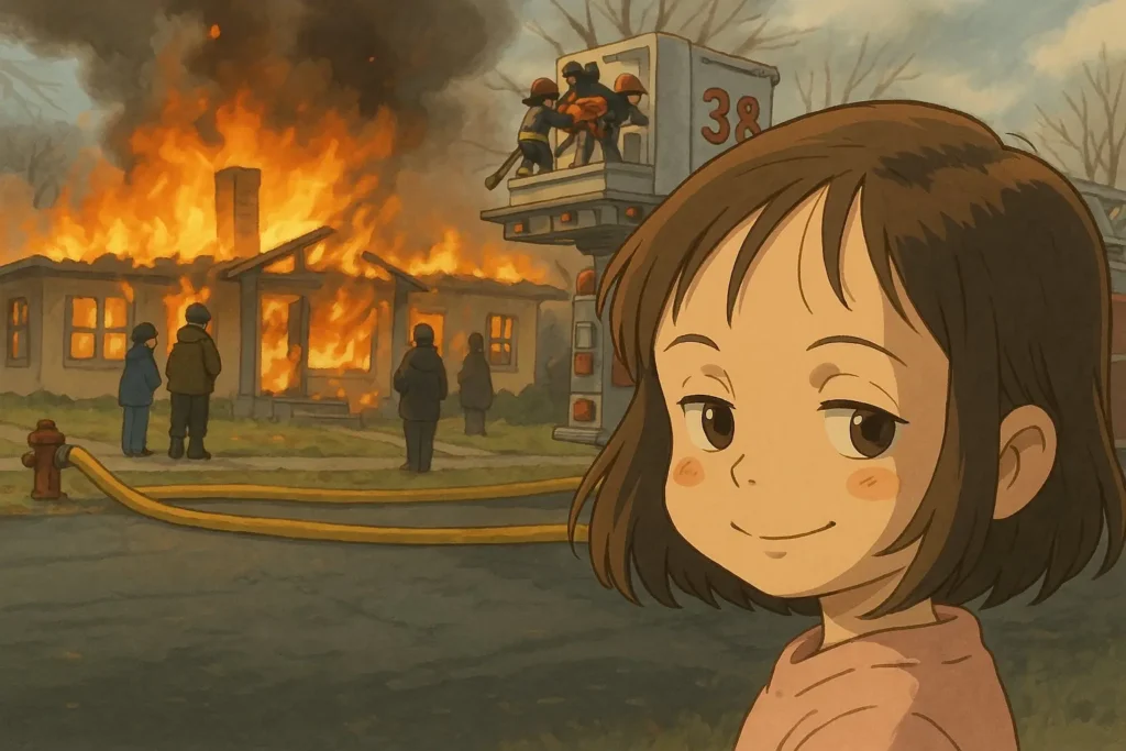 Ilustracion en modo studio ghibli de el meme viral de la niña afuera de la casa ardiendo en llamas