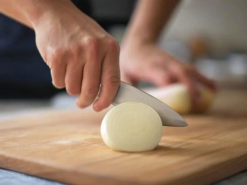 Cómo Evitar Llorar al Cortar Cebolla: Trucos Prácticos y Ciencia Explicada 2 Mano cortando cebolla con cuchillo afilado sobre tabla de madera